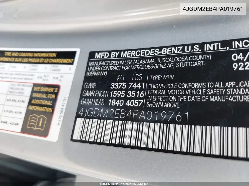 4JGDM2EB4PA019761 2023 Mercedes-Benz Eqs 450 Suv 4Matic