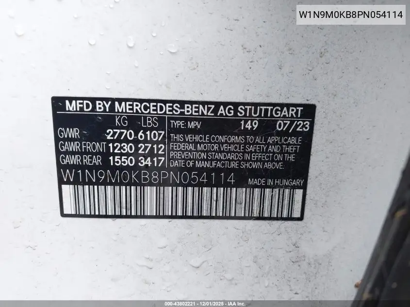 W1N9M0KB8PN054114 2023 Mercedes-Benz Eqb 300 Suv 4Matic