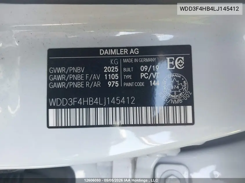 2020 Mercedes-Benz A 250 4Matic VIN: WDD3F4HB4LJ145412 Lot: 12606080
