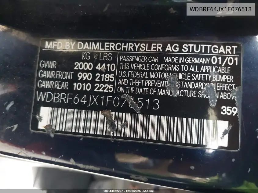 WDBRF64JX1F076513 2001 Mercedes-Benz C 320