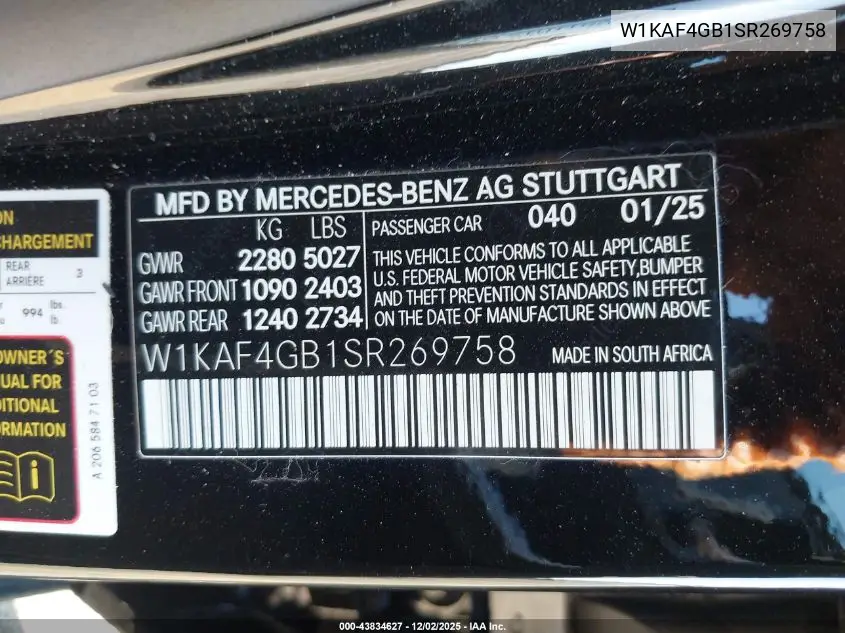 W1KAF4GB1SR269758 2025 Mercedes-Benz C 300