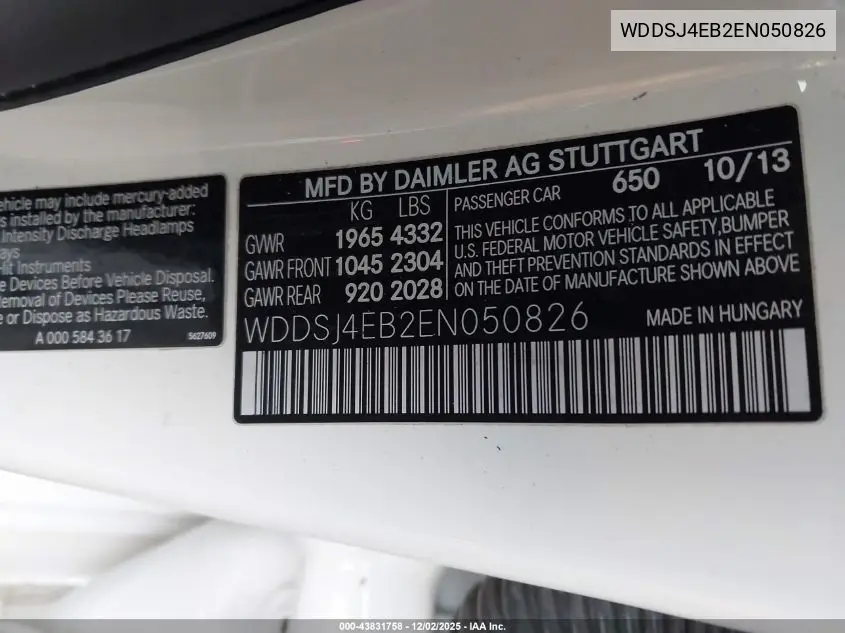 WDDSJ4EB2EN050826 2014 Mercedes-Benz Cla 250