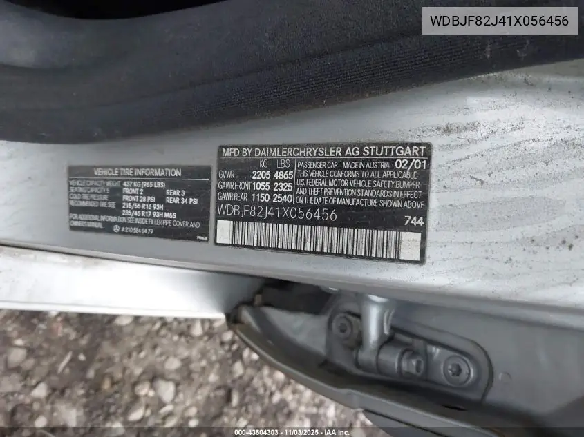 WDBJF82J41X056456 2001 Mercedes-Benz E 320 4M