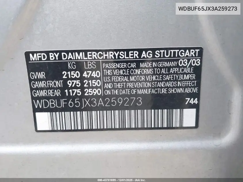 WDBUF65JX3A259273 2003 Mercedes-Benz E 320