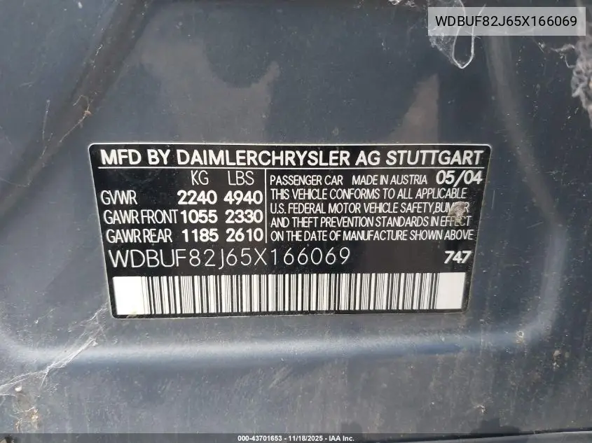 WDBUF82J65X166069 2005 Mercedes-Benz E 320 4Matic