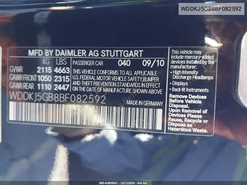 WDDKJ5GB8BF082592 2011 Mercedes-Benz E 350