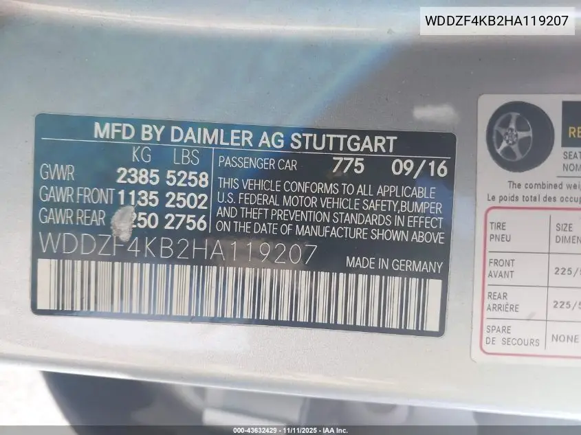 WDDZF4KB2HA119207 2017 Mercedes-Benz E 300 4Matic