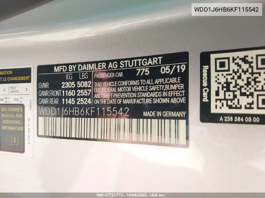 Auction sale of the 2019 Mercedes Benz E klasse , vin: WDD1J6HB6KF115542, lot number: 37721773