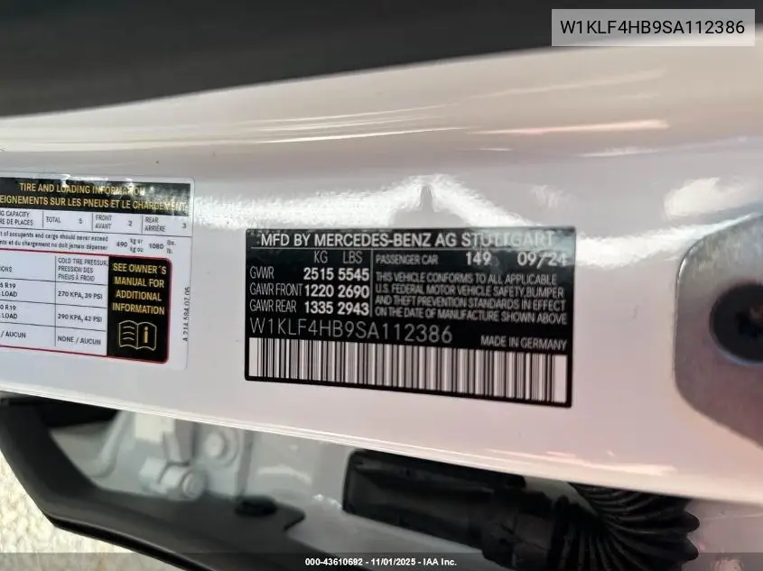 W1KLF4HB9SA112386 2025 Mercedes-Benz E 350 4Matic