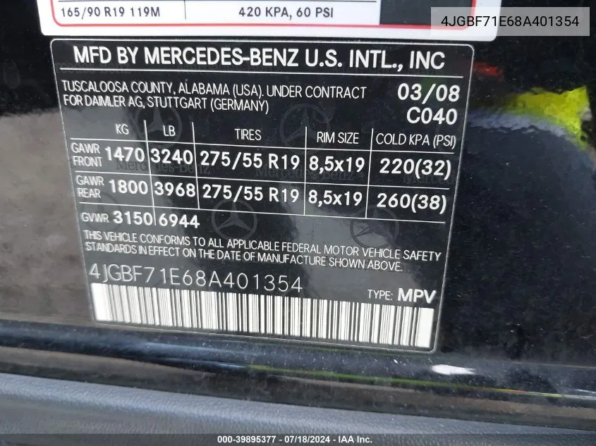 4JGBF71E68A401354 2008 Mercedes-Benz Gl 450 4Matic