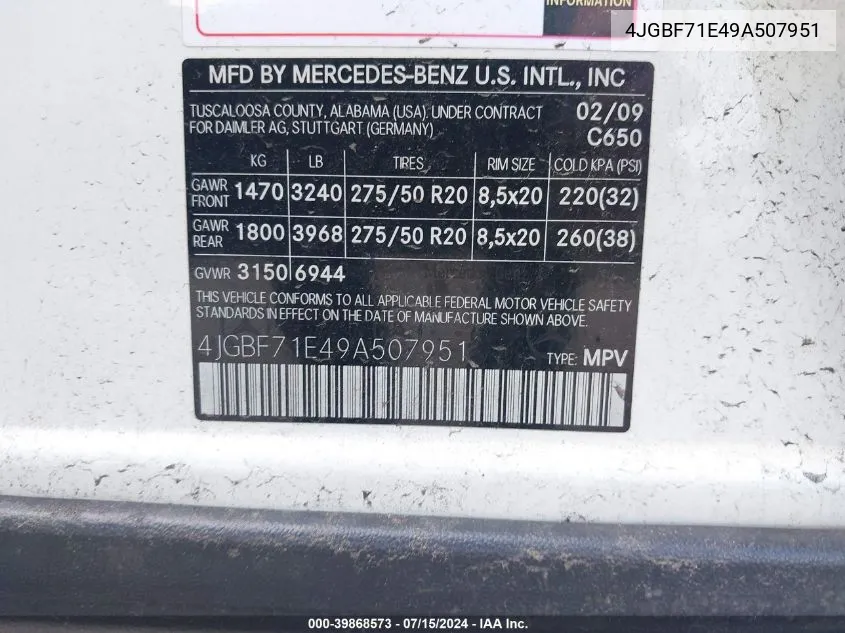 4JGBF71E49A507951 2009 Mercedes-Benz Gl 450 4Matic