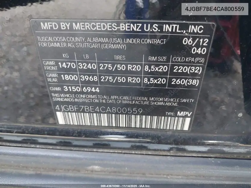 4JGBF7BE4CA800559 2012 Mercedes-Benz Gl 450 4Matic