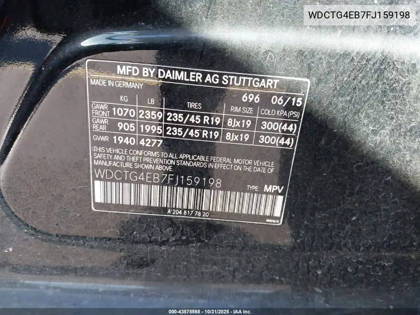 WDCTG4EB7FJ159198 2015 Mercedes-Benz Gla 250