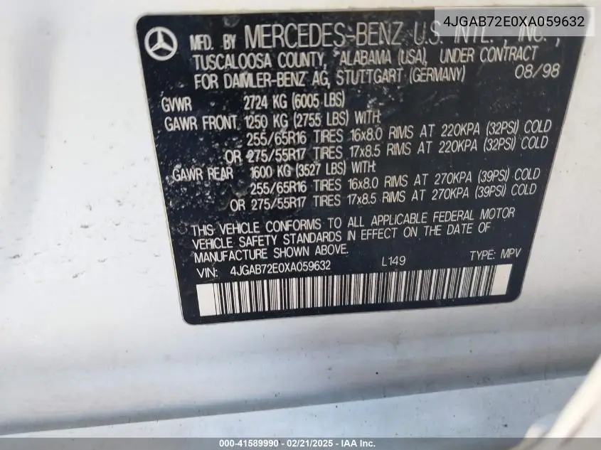 1999 Mercedes-Benz Ml 430 VIN: 4JGAB72E0XA059632 Lot: 41589990