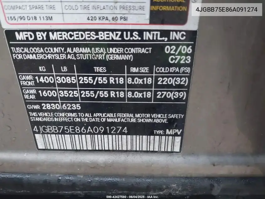 2006 Mercedes-Benz Ml 500 4Matic VIN: 4JGBB75E86A091274 Lot: 42427580