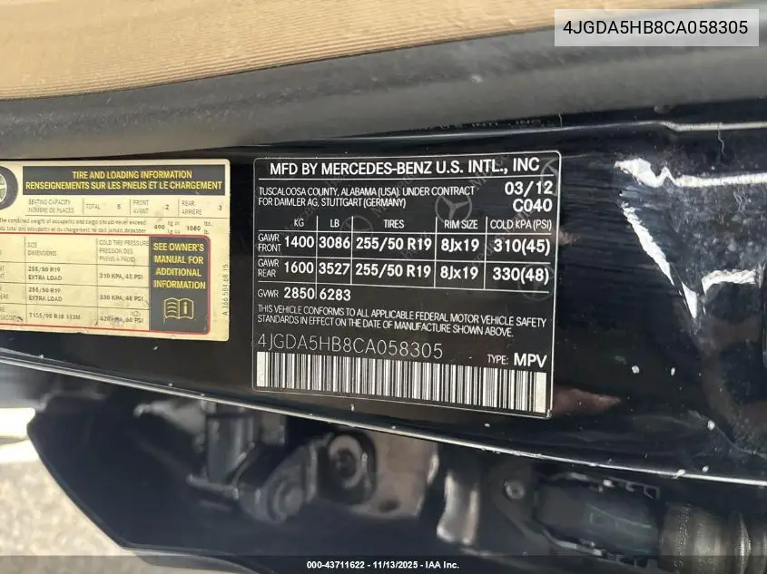 4JGDA5HB8CA058305 2012 Mercedes-Benz Ml 350 4Matic