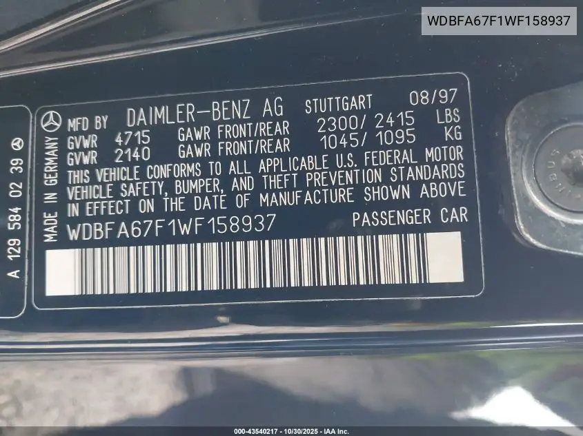 WDBFA67F1WF158937 1998 Mercedes-Benz Sl 500