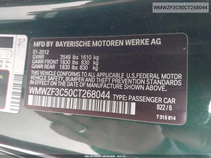2012 Mini Cooper Clubman VIN: WMWZF3C50CT268044 Lot: 45136532