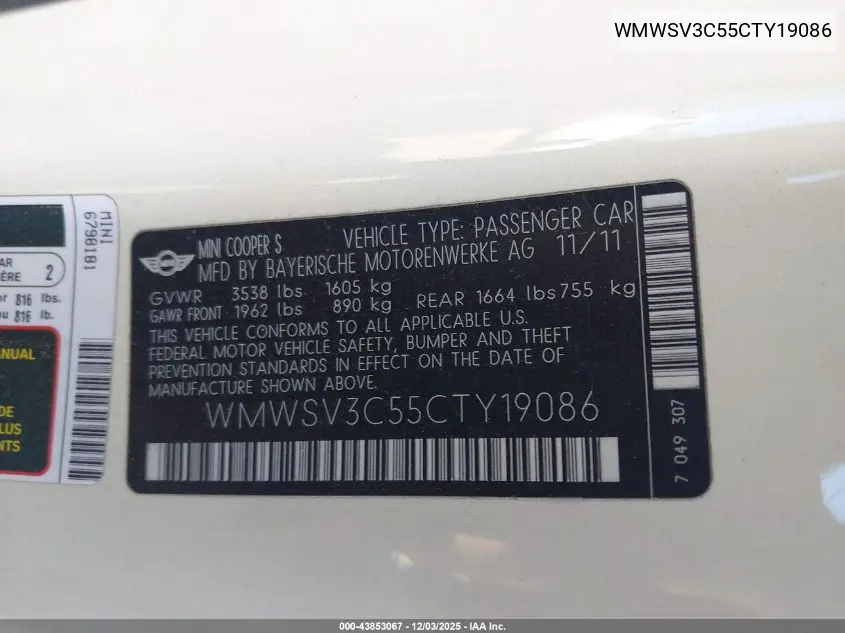 WMWSV3C55CTY19086 2012 Mini Cooper S
