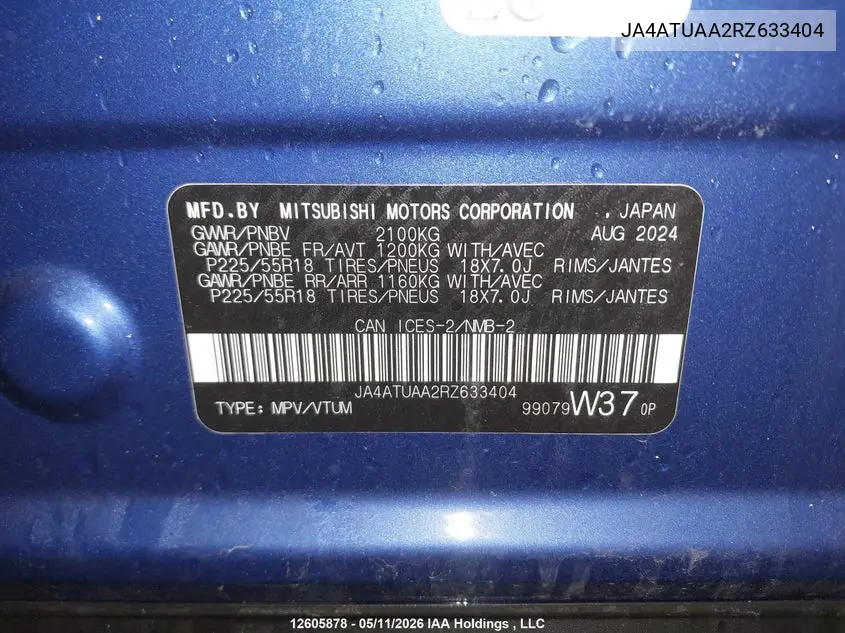 2024 Mitsubishi Eclipse Cross Es VIN: JA4ATUAA2RZ633404 Lot: 12605878