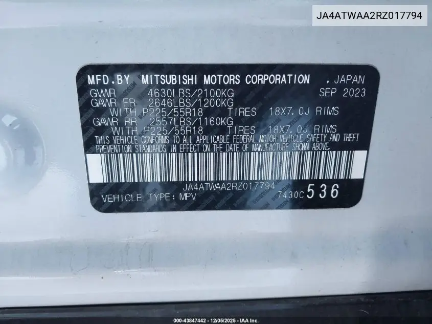 JA4ATWAA2RZ017794 2024 Mitsubishi Eclipse Cross Se S-Awc/Sel S-Awc