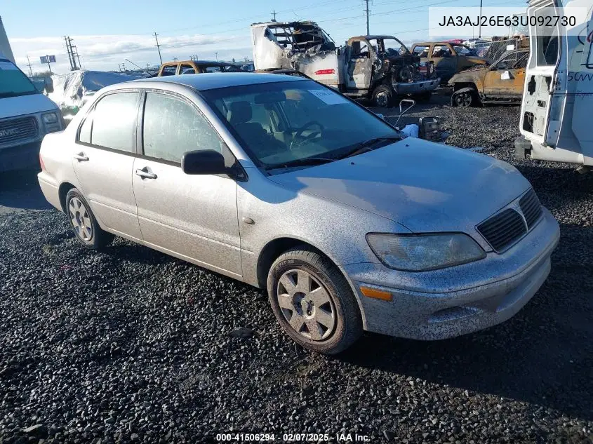 2003 Mitsubishi Lancer Es VIN: JA3AJ26E63U092730 Lot: 41506294