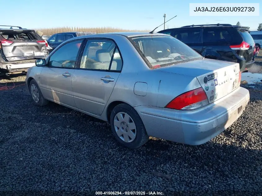 2003 Mitsubishi Lancer Es VIN: JA3AJ26E63U092730 Lot: 41506294