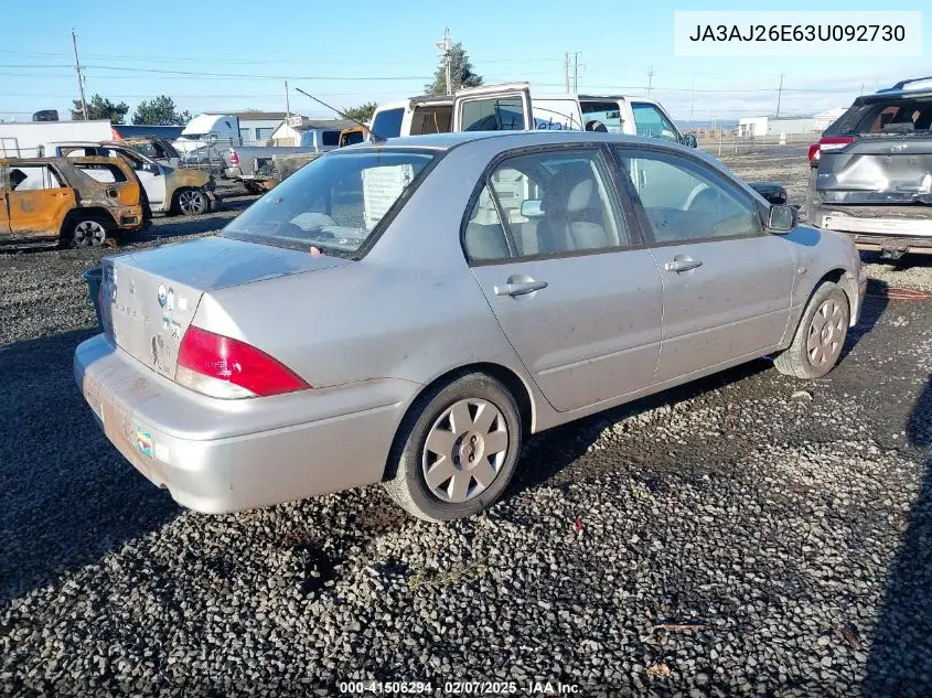 2003 Mitsubishi Lancer Es VIN: JA3AJ26E63U092730 Lot: 41506294