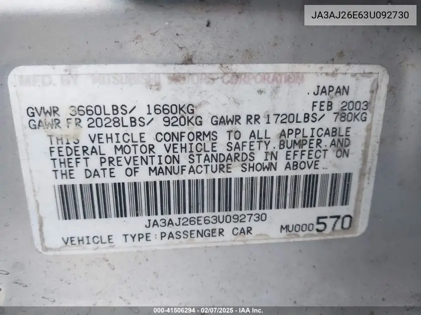 2003 Mitsubishi Lancer Es VIN: JA3AJ26E63U092730 Lot: 41506294