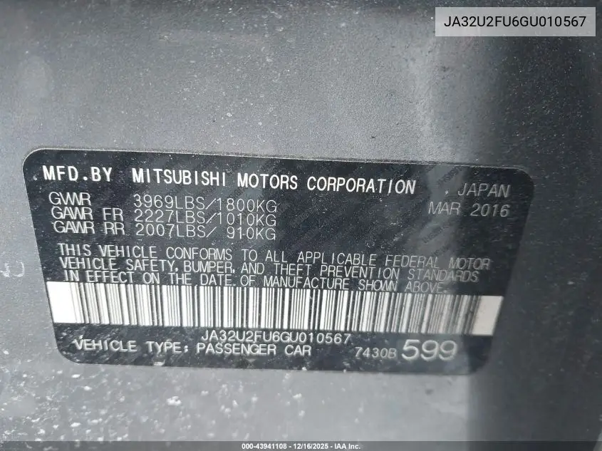 JA32U2FU6GU010567 2016 Mitsubishi Lancer Es