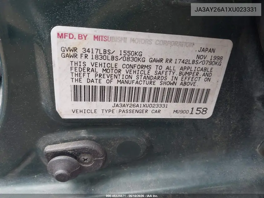 1999 Mitsubishi Mirage De VIN: JA3AY26A1XU023331 Lot: 45325571