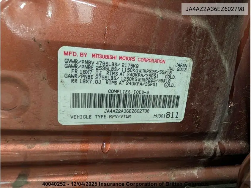 JA4AZ2A36EZ602798 2014 Mitsubishi Outlander Es