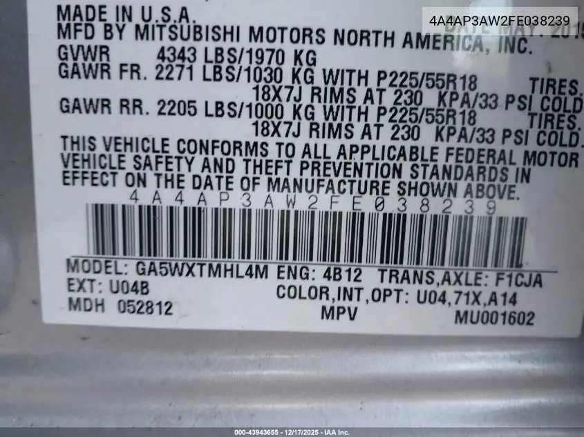 4A4AP3AW2FE038239 2015 Mitsubishi Outlander Sport Es