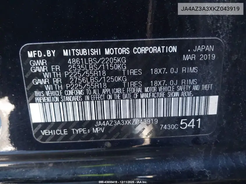 JA4AZ3A3XKZ043919 2019 Mitsubishi Outlander Se