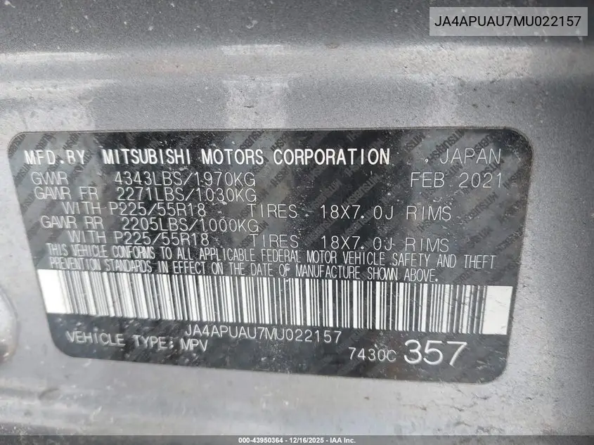 JA4APUAU7MU022157 2021 Mitsubishi Outlander Sport 2.0 Be 2Wd/2.0 Es 2Wd/2.0 Le 2Wd/2.0 S 2Wd