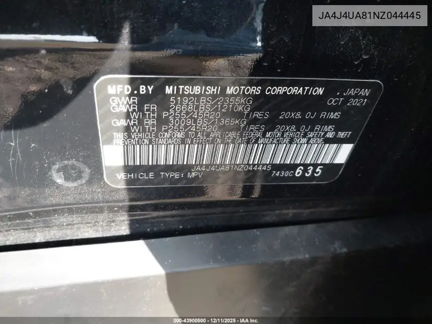 JA4J4UA81NZ044445 2022 Mitsubishi Outlander Black Edition S-Awc/Se 2.5 S-Awc/Se Launch Edition S-Awc