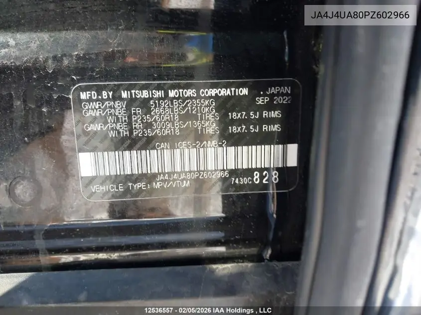 JA4J4UA80PZ602966 2023 Mitsubishi Outlander Le/Le Premium/Noir/Se/Sel