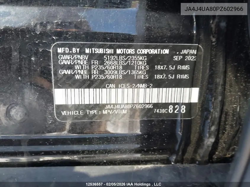 JA4J4UA80PZ602966 2023 Mitsubishi Outlander Le/Le Premium/Noir/Se/Sel
