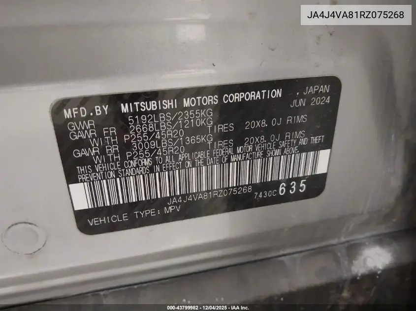 JA4J4VA81RZ075268 2024 Mitsubishi Outlander Se 2.5 S-Awc/Se Black Edition S-Awc/Se Black Edition W/Pano Roof S-Awc/Se Ralliart S-Awc