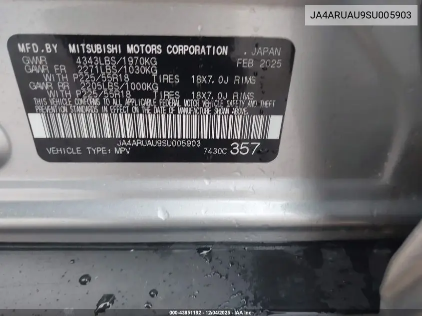 JA4ARUAU9SU005903 2025 Mitsubishi Outlander Sport 2.0 Es Awc/2.0 Le Awc/2.0 S Awc/2.0 Se Awc/2.0 Trail Edition Awc