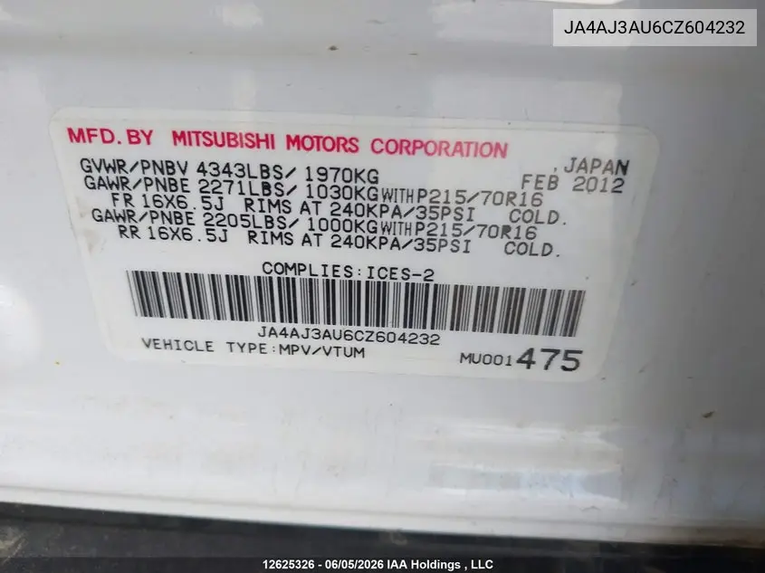 2012 Mitsubishi Rvr Se VIN: JA4AJ3AU6CZ604232 Lot: 12625326