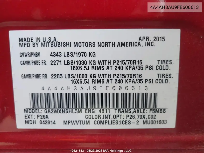 2015 Mitsubishi Rvr Es/Se VIN: 4A4AH3AU9FE606613 Lot: 12621543x