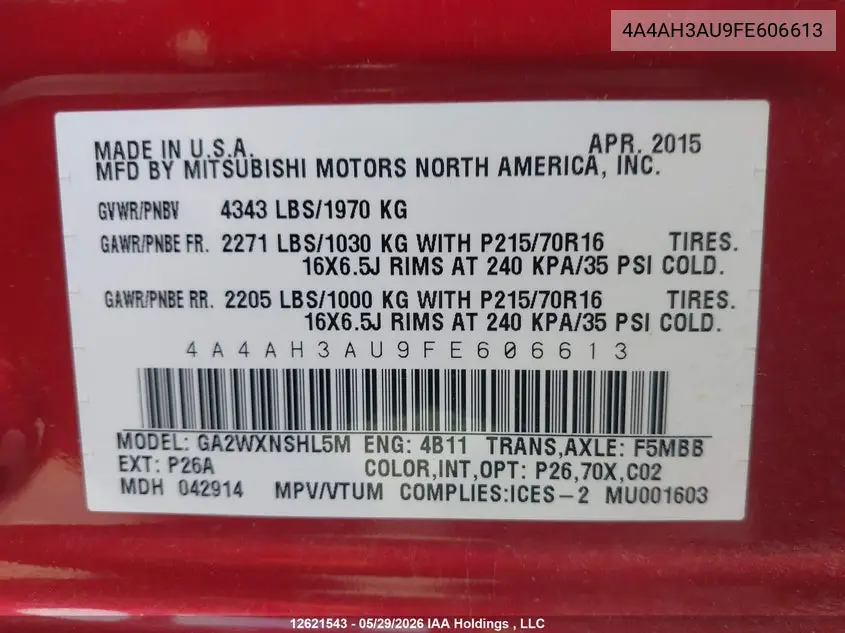 2015 Mitsubishi Rvr Es/Se VIN: 4A4AH3AU9FE606613 Lot: 12621543x