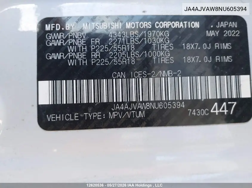 2022 Mitsubishi Rvr Gt/Le/Se/Sel VIN: JA4AJVAW8NU605394 Lot: 12620536