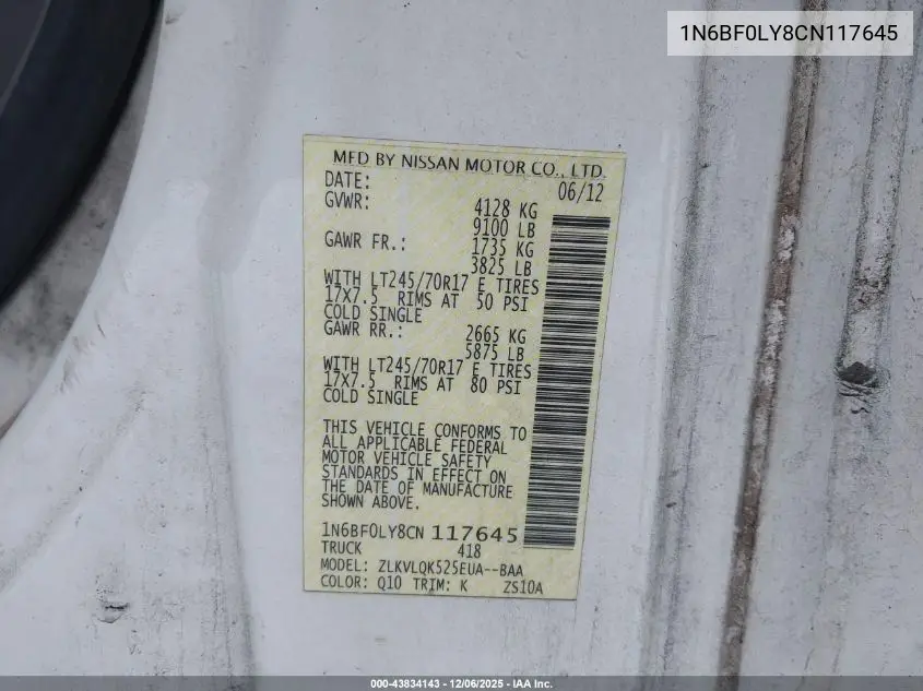 1N6BF0LY8CN117645 2012 Nissan Nv 2500 Nv2500 Hd S V6