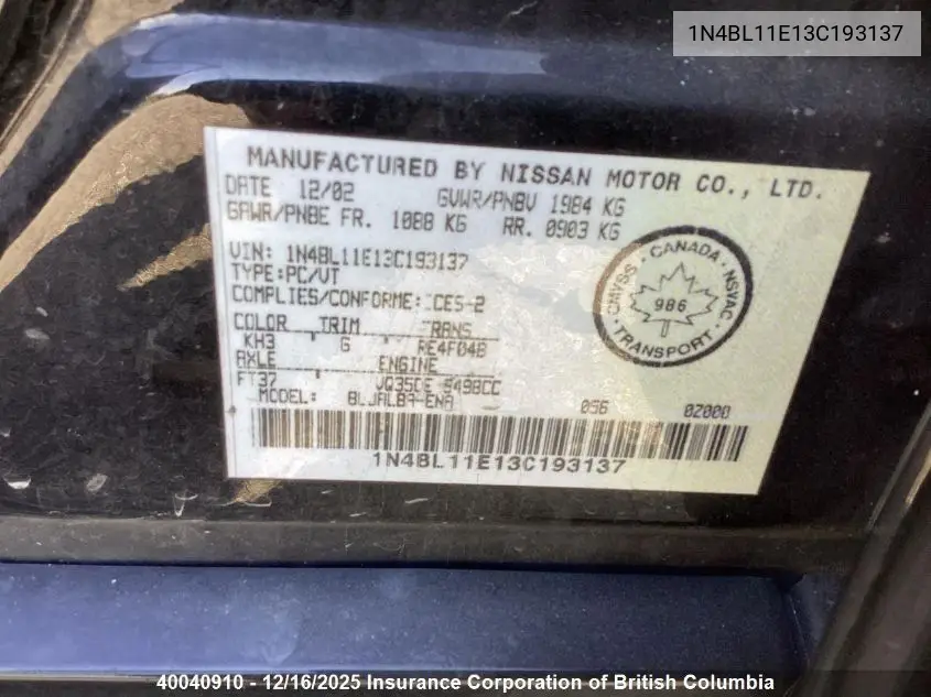 1N4BL11E13C193137 2003 Nissan Altima Se
