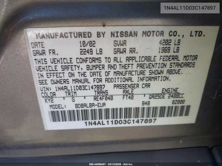 2003 Nissan Altima 2.5 S VIN: 1N4AL11D03C147897 Lot: 44596487