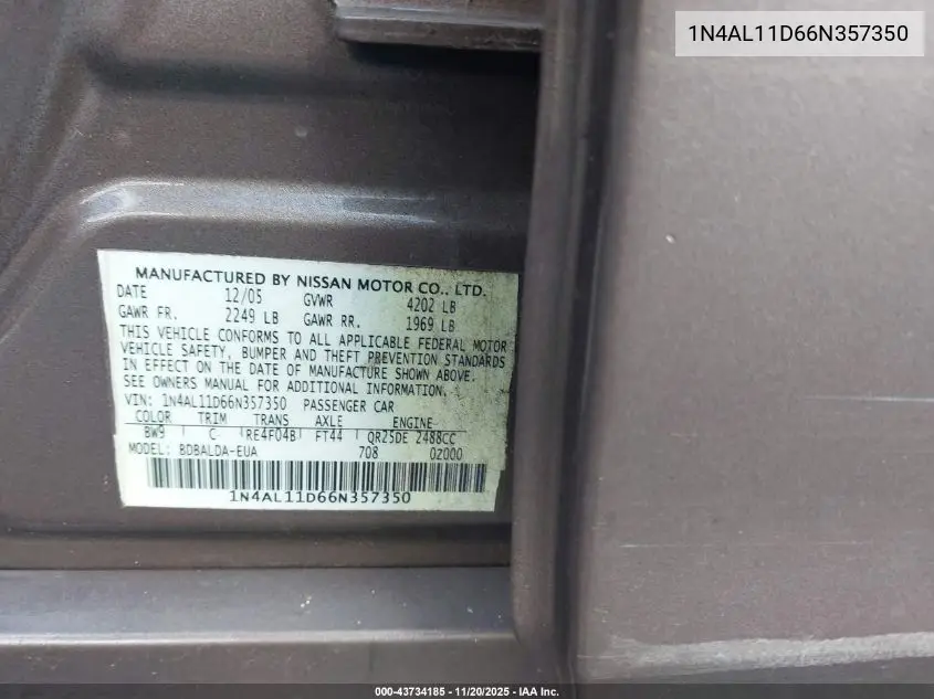 1N4AL11D66N357350 2006 Nissan Altima 2.5 S
