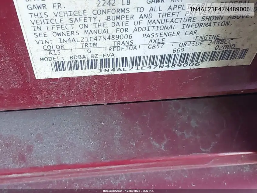 1N4AL21E47N489006 2007 Nissan Altima 2.5 S