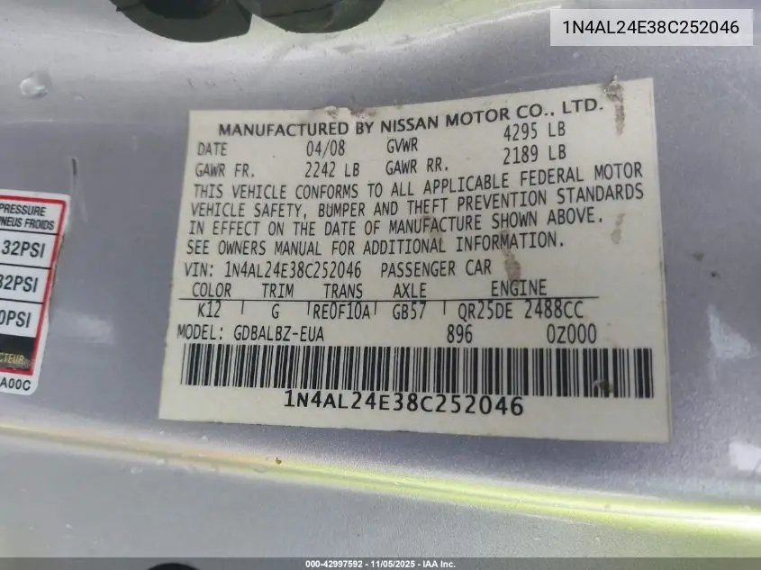 1N4AL24E38C252046 2008 Nissan Altima 2.5 S